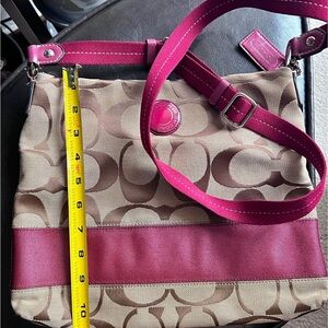 Coach Khaki Signature Crossbody with Fuchsia Trim